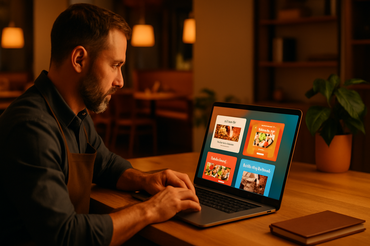 Propietario de restaurante creando campaña de email marketing con IA en un portátil
