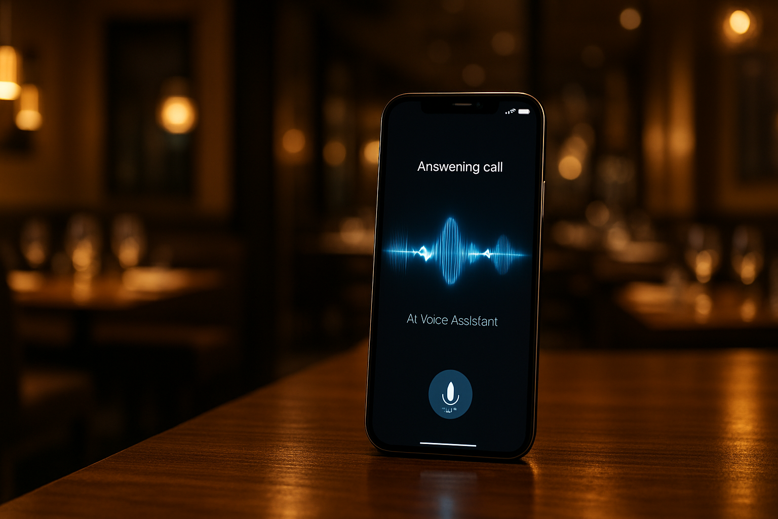Smartphone con asistente de voz IA en mostrador de restaurante respondiendo llamadas automáticamente