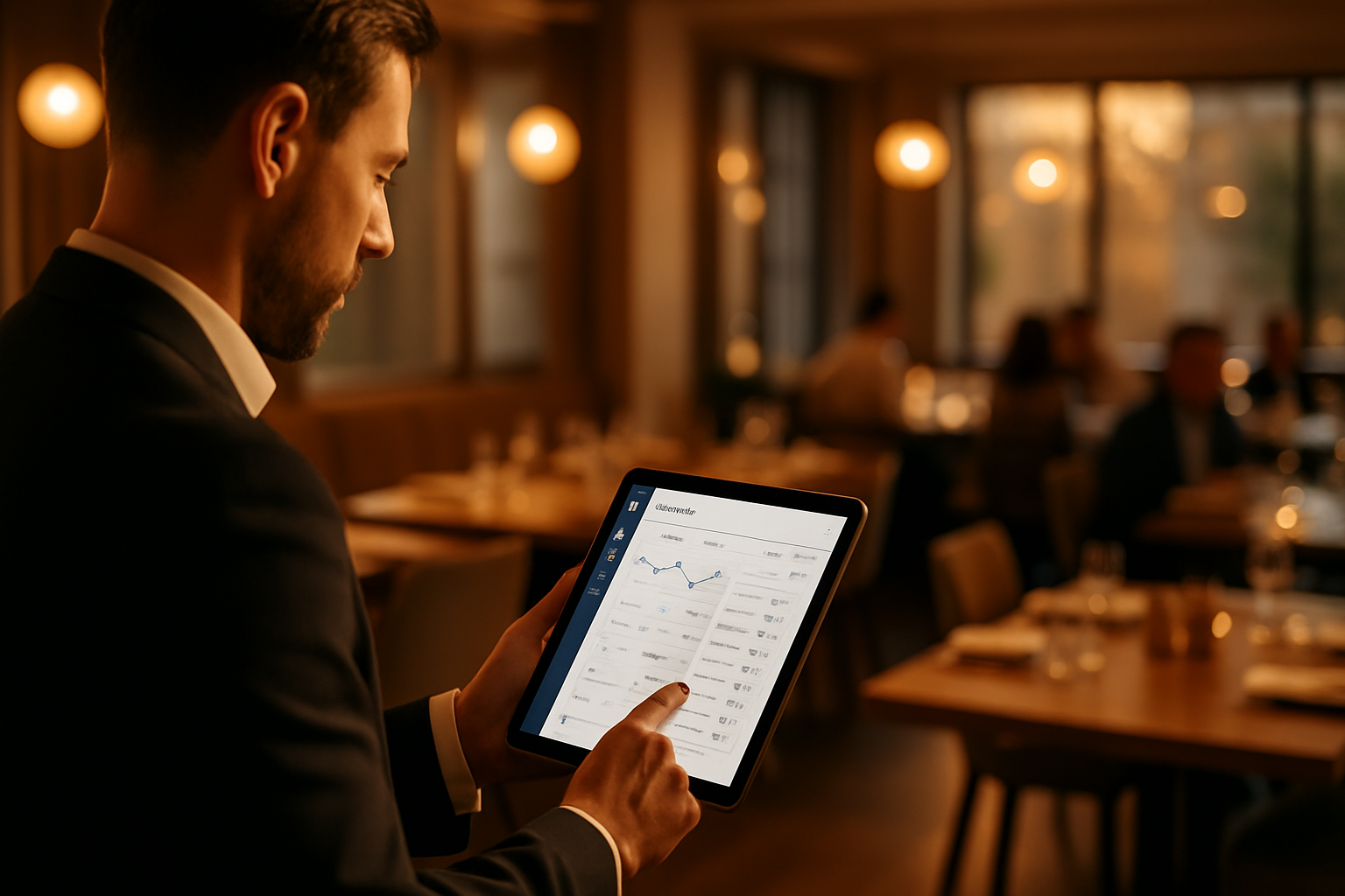 Gerente de restaurante revisando dashboard de gestión de reservas en una tablet