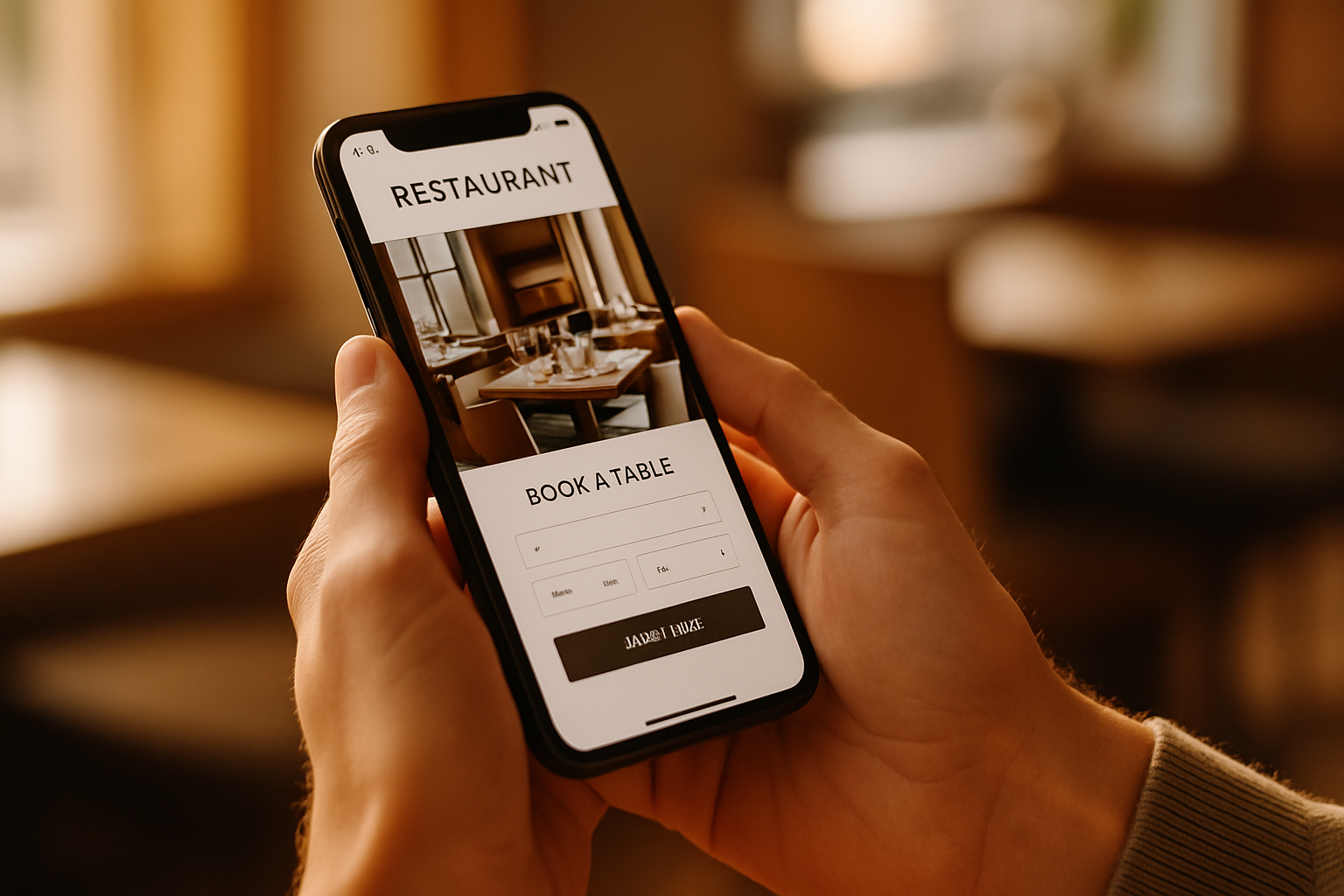 Persona reservando mesa online desde el smartphone en la web de un restaurante