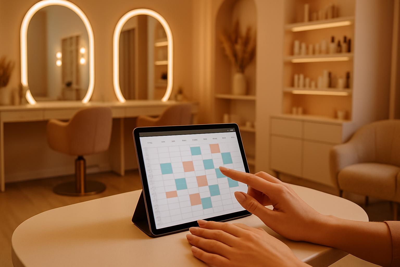 Interior de salón de belleza moderno con calendario de citas digital en tablet