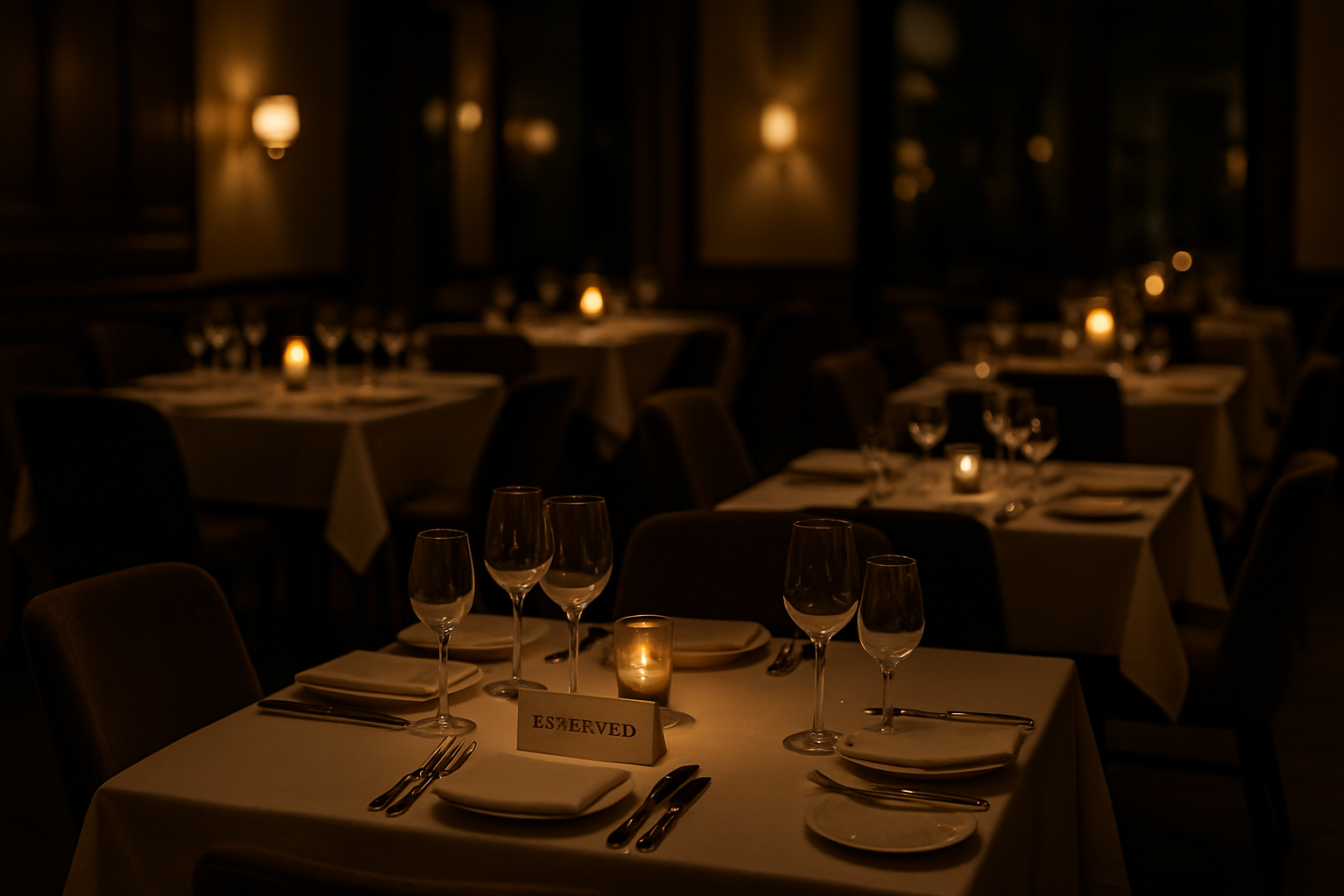 Mesas reservadas vacías en restaurante elegante de noche con velas encendidas