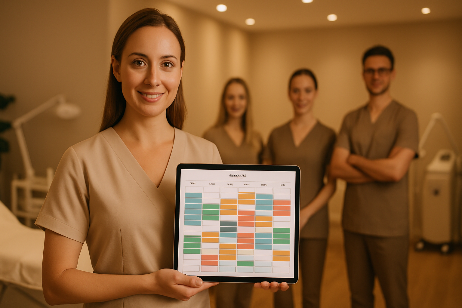 Gerente de clínica de belleza gestionando agendas de múltiples especialistas en tablet