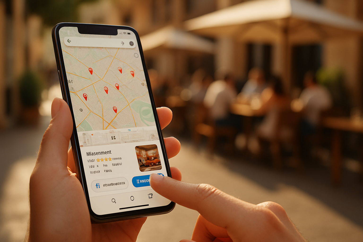 Persona buscando restaurante en Google Maps con botón de reserva visible en smartphone