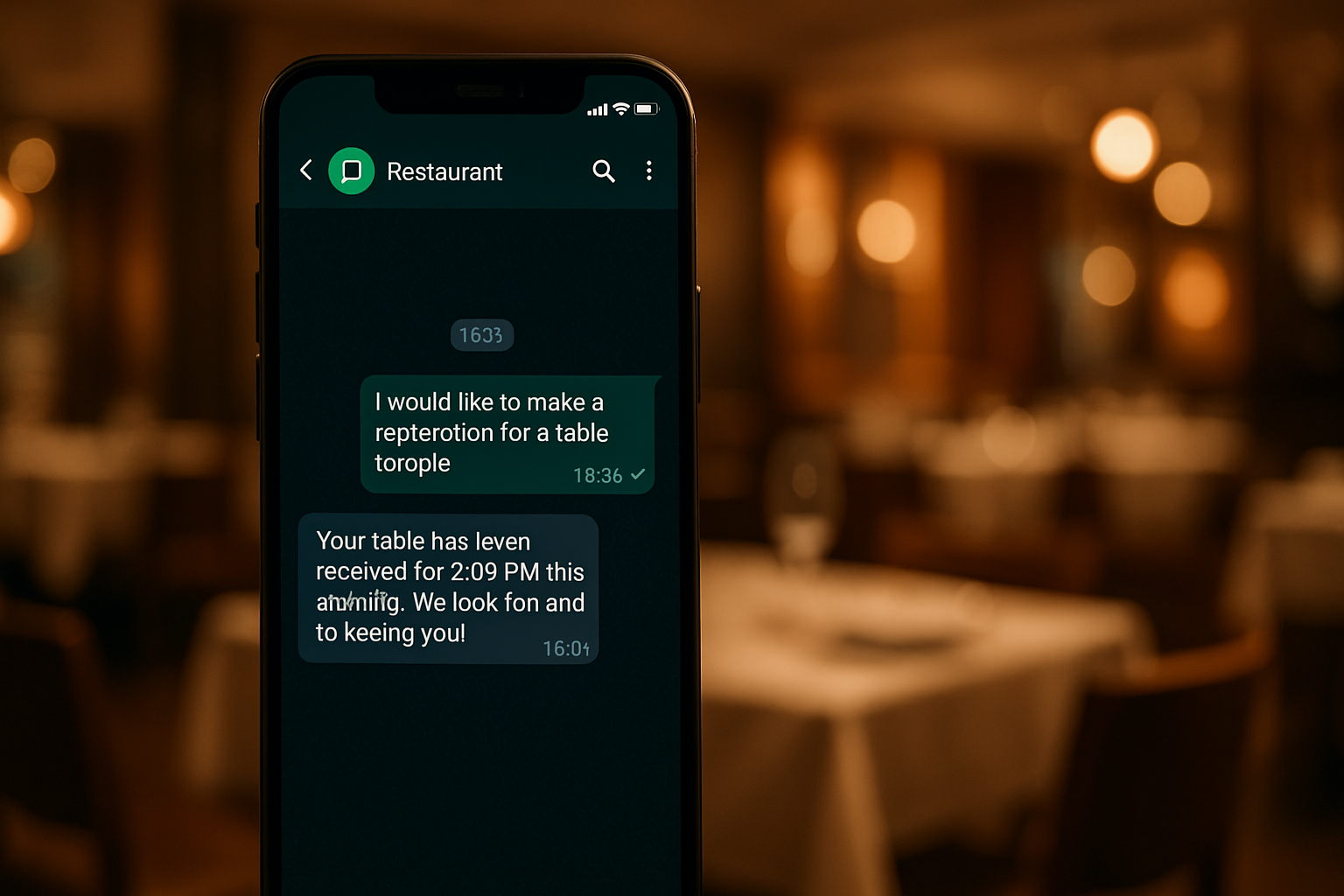 Smartphone mostrando conversación de WhatsApp Business confirmando reserva en restaurante
