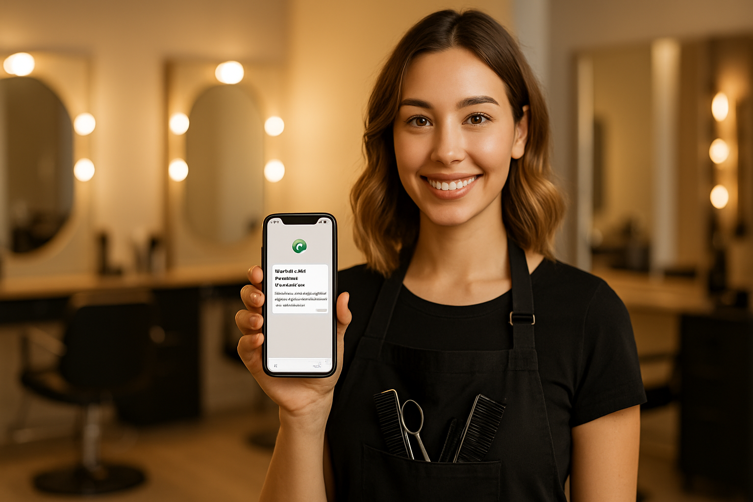 Peluquero mostrando mensaje de confirmación de cita por WhatsApp en salón de belleza