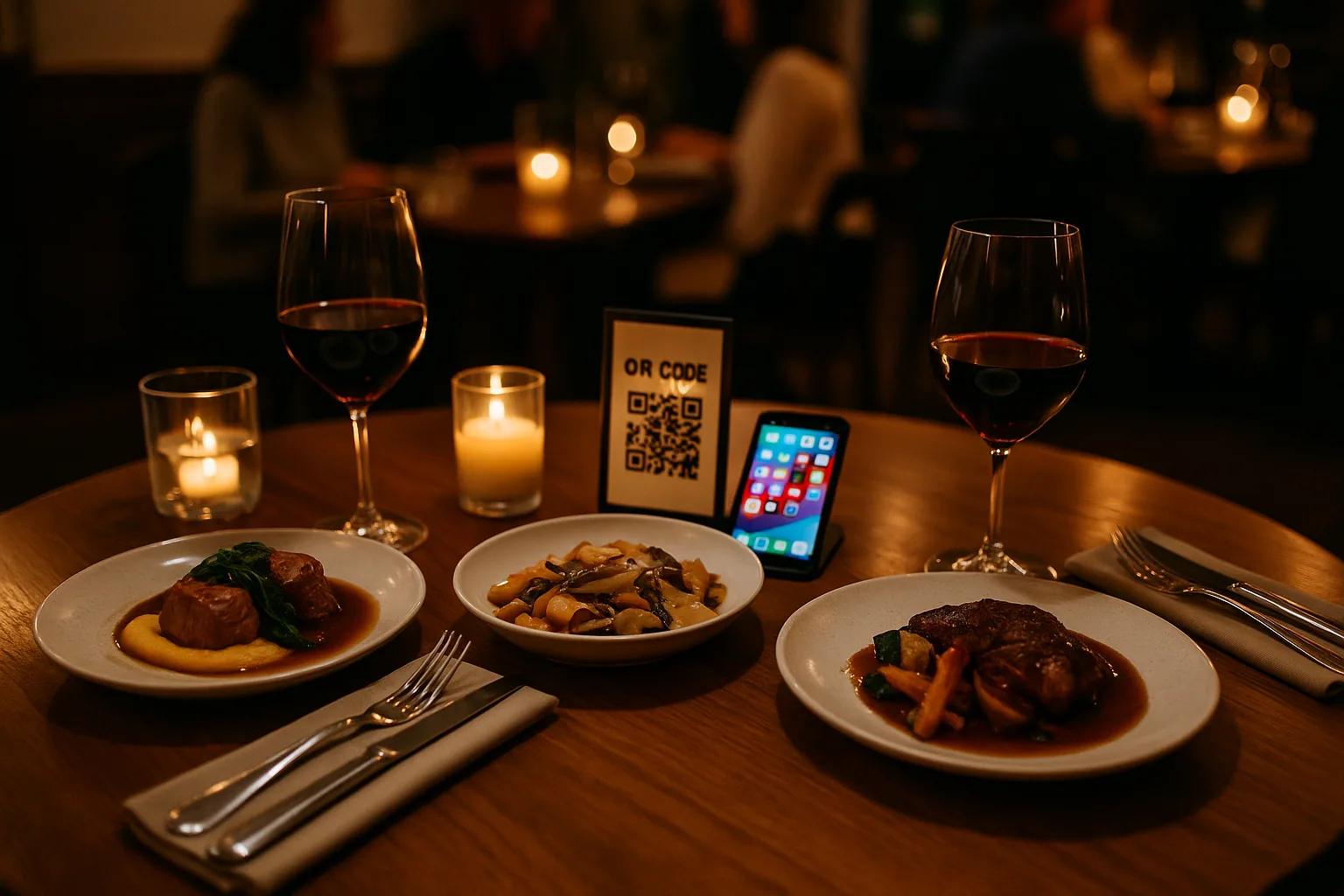 Mesa de restaurante moderna con smartphones, copas y código QR durante una cena
